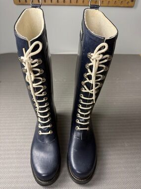 Ilse Jacobsen Navy Tall Lace-Up Rain Rubber Boots with Cream Laces Size 40